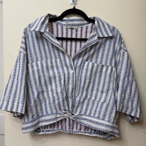 Casual Striped Button-Down Shirt with Front Tie - Blue/White
